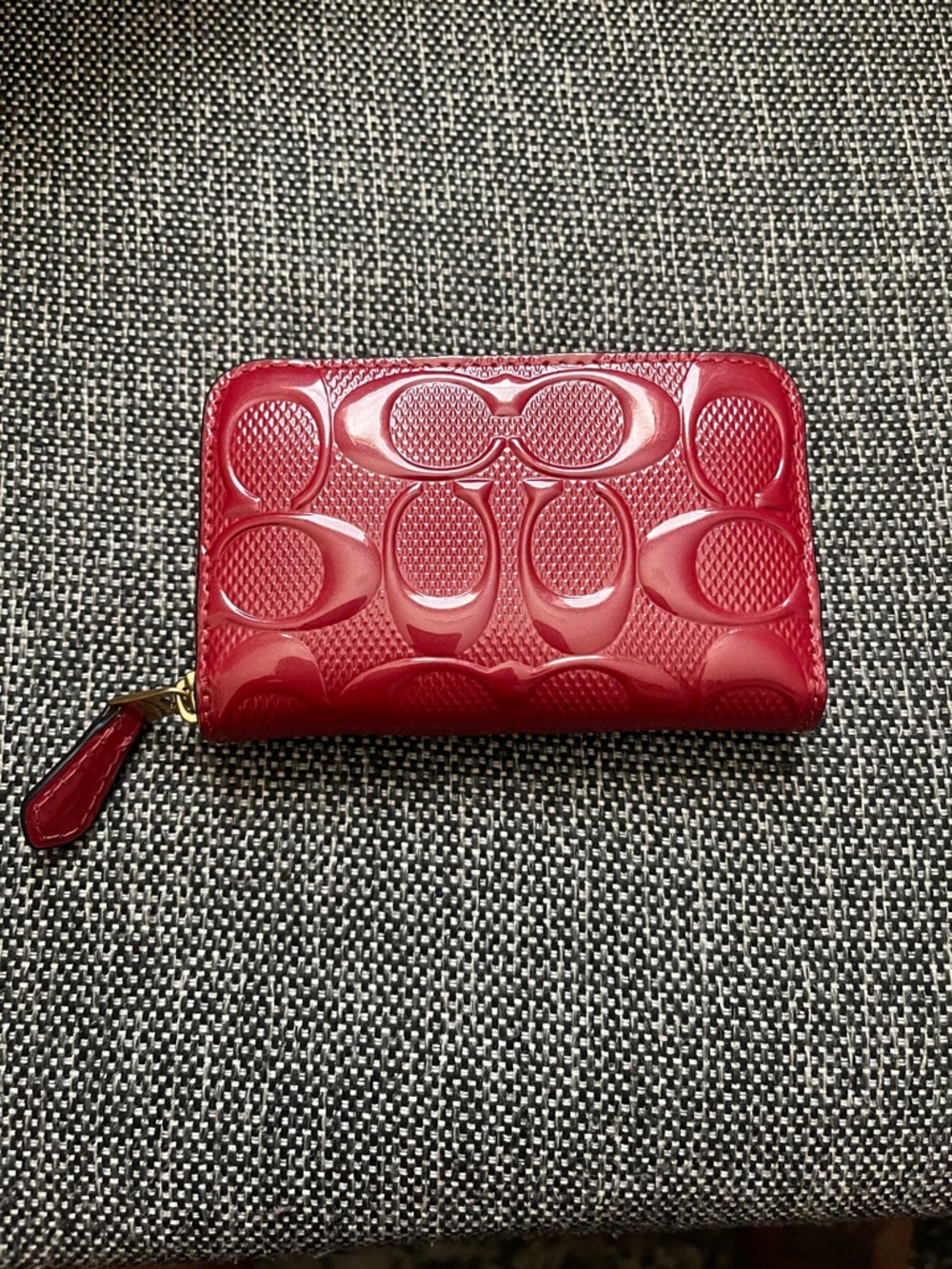 Coach Red Patent Signature Zip Around Card Case
